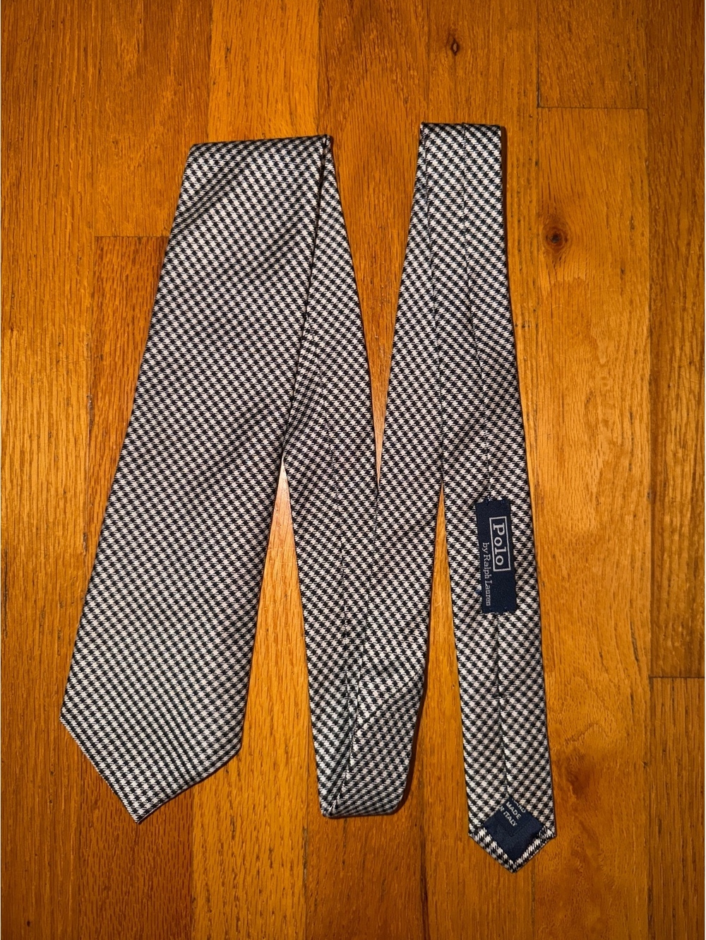 Vintage Polo Ralph Lauren Black White Houndstooth Pattern Silk Tie Italy